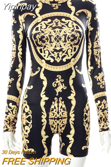 Yipinpay Retro Pattern Printed Bodysuit Women O Neck Tight Long Sleeves Sex For Woman Body Street Trend Temperament Tops Femme